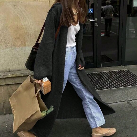 Black casual womens open front knit sweater cardigan - Picture 4 of 9